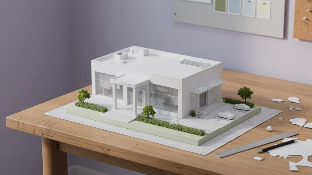 White architectural model of a clinic on a wood table
