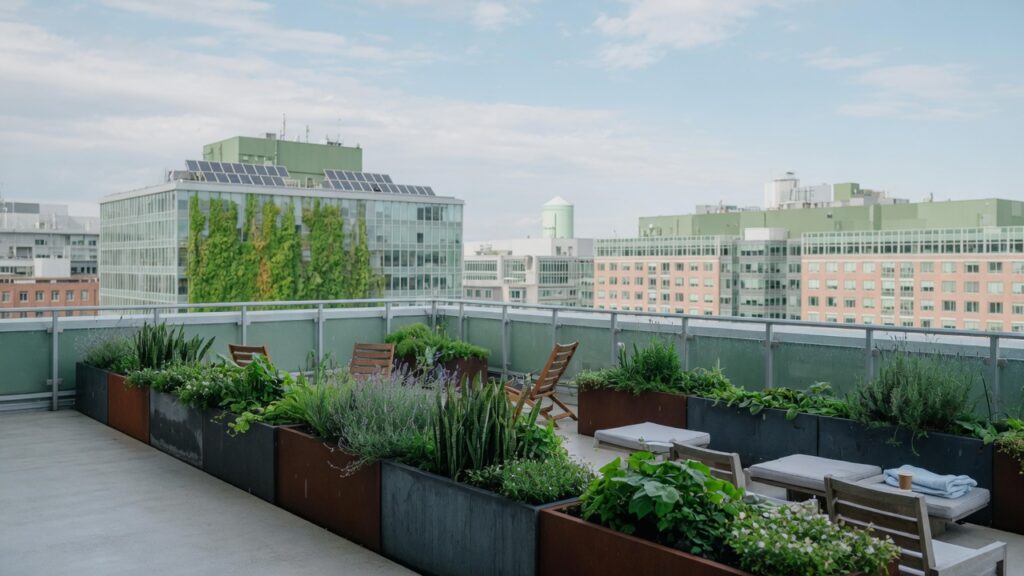 Hospital rooftop terrace with planters in daylight
