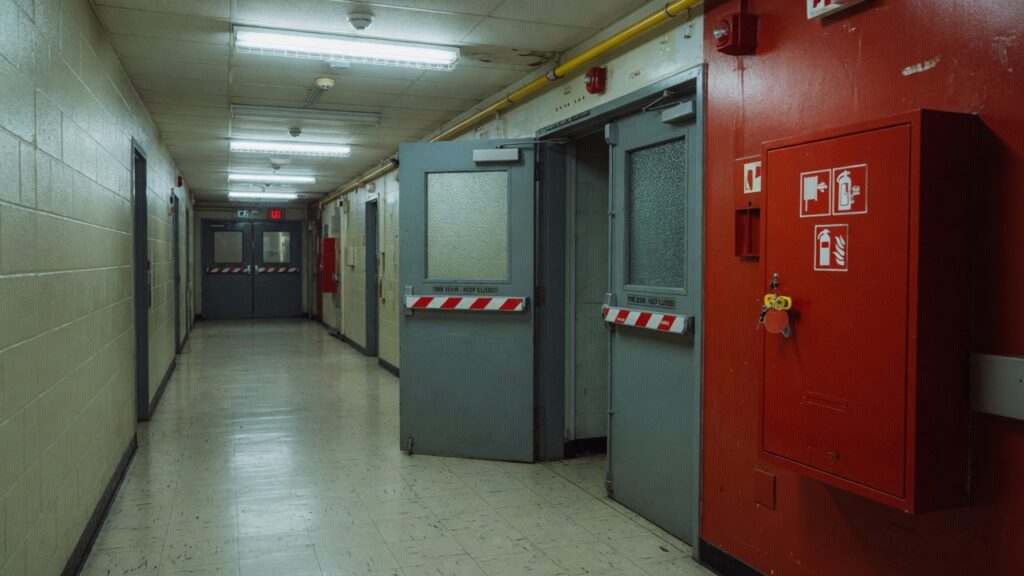 Hospital corridor with closed fire doors