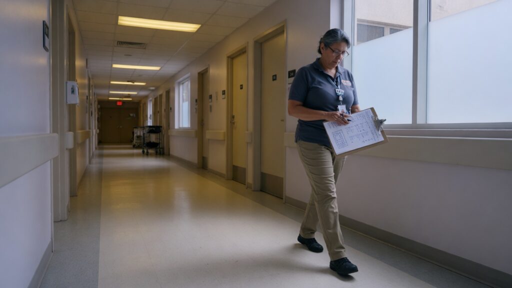 Facilities manager walking a hospital corridor with a clipboard