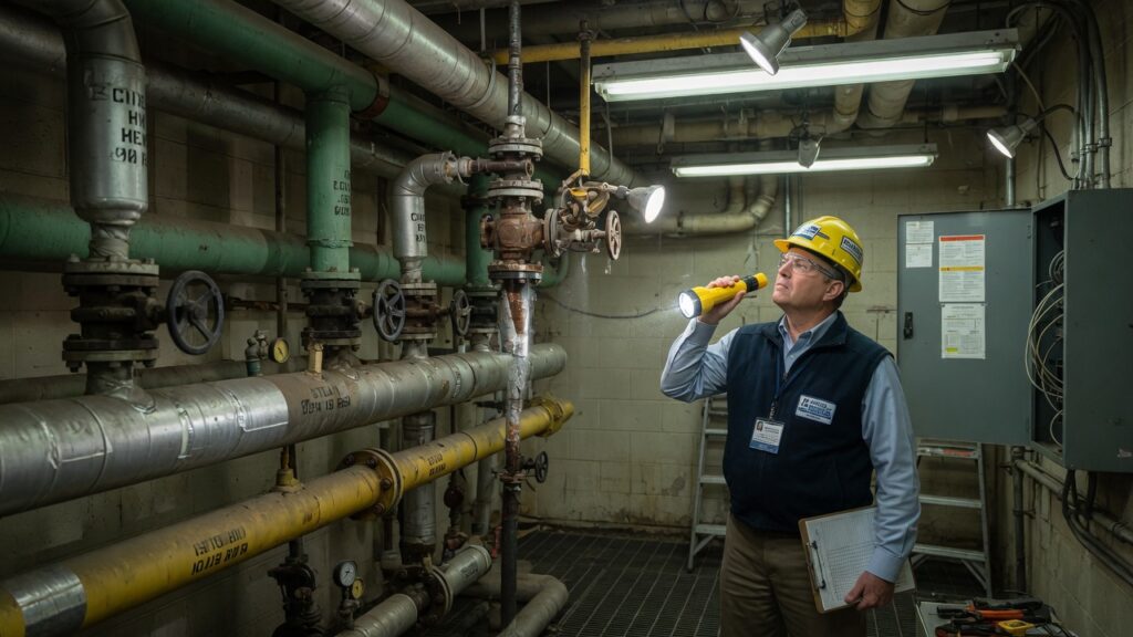 Hospital mechanical room inspection with a flashlight