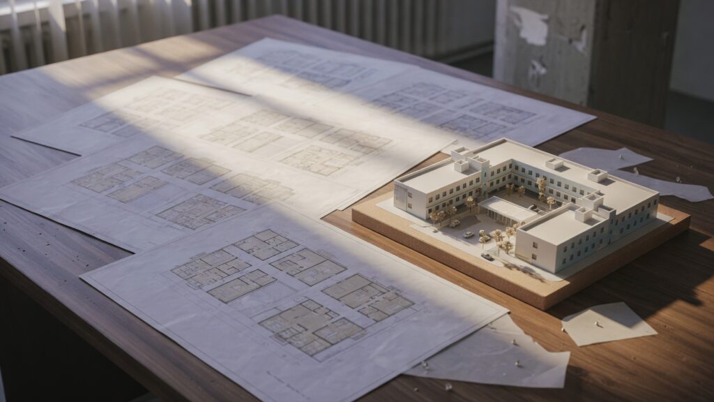 Architectural plans and a clinic model on a conference table