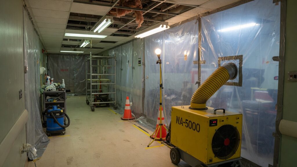 Hospital corridor containment with a negative-air machine