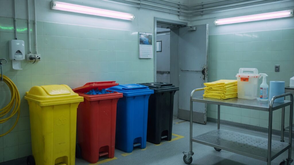 Color-coded waste bins in a clean hospital utility room