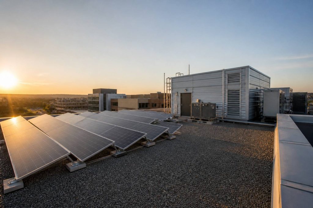 Hospital rooftop mechanical penthouse and solar array in late afternoon light