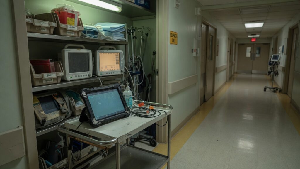 Hospital corridor equipment cart with a rugged tablet
