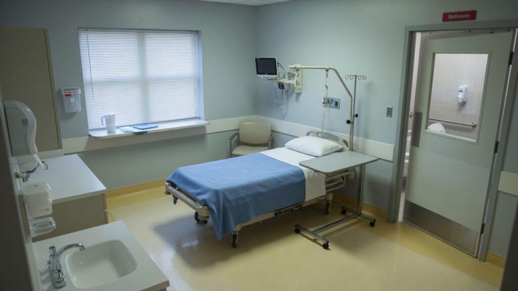 A single-patient hospital room with a dedicated bathroom