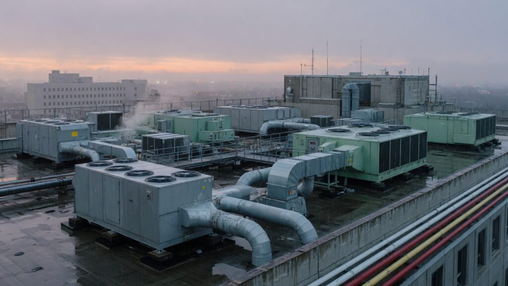 Hospital rooftop mechanical equipment at overcast dawn
