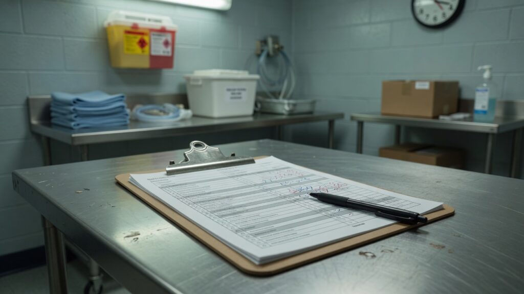 Clipboard on a stainless counter in a hospital utility room
