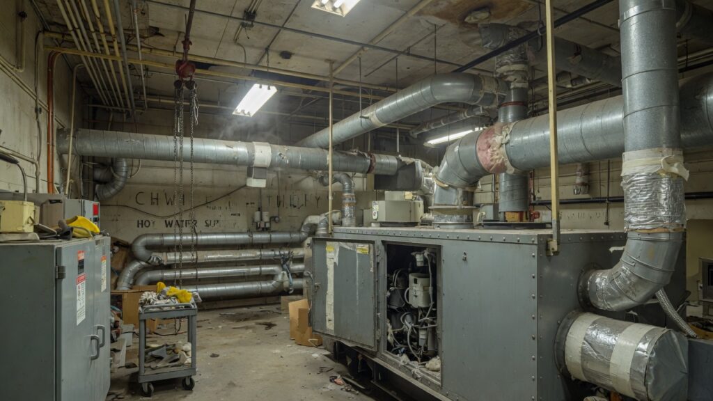 A hospital mechanical room with a large air-handling unit