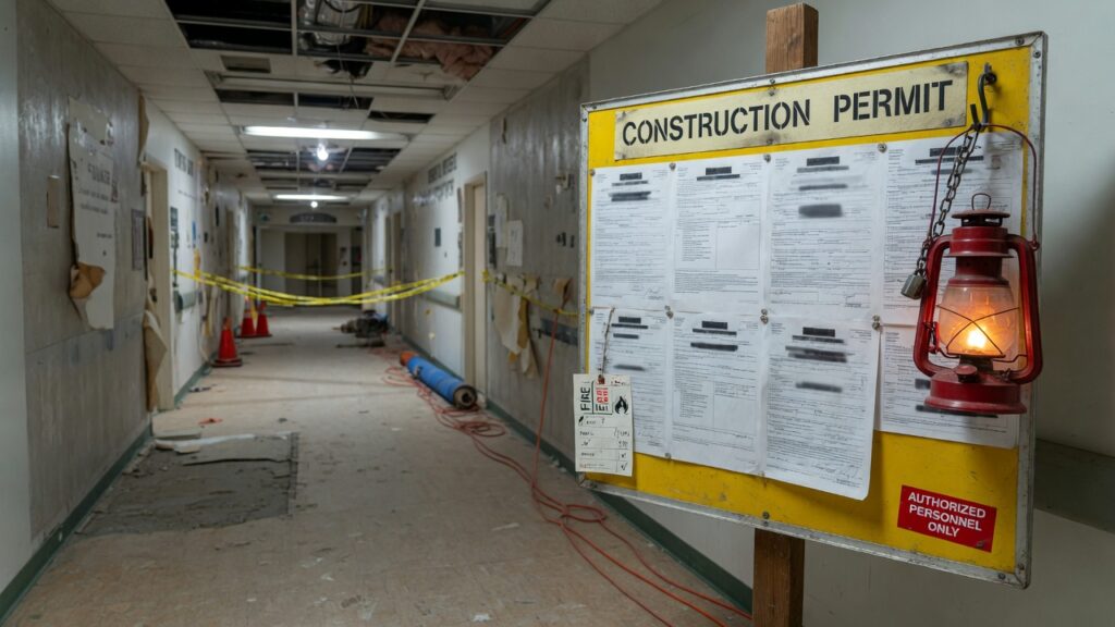 A renovation corridor with a permit board and fire-watch lantern