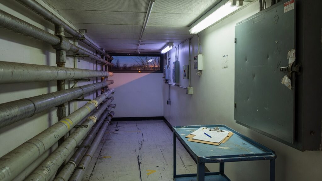 Unlabeled hospital mechanical corridor with pipes and a clipboard cart at dusk