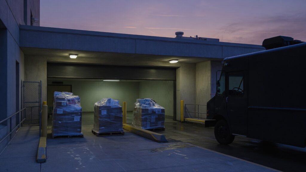 Hospital loading dock at dusk with a restoration truck silhouette