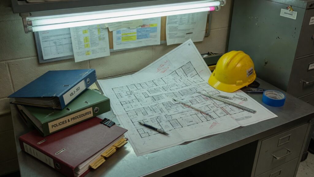 Healthcare facilities desk with unlabeled compliance binders