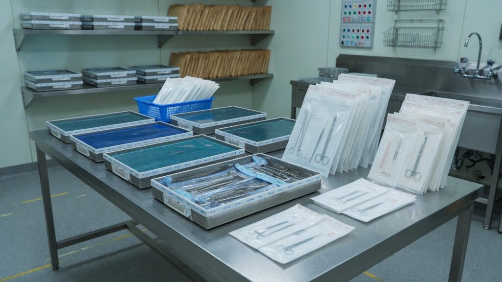 Instrument trays and peel pouches on a stainless sterile-processing table