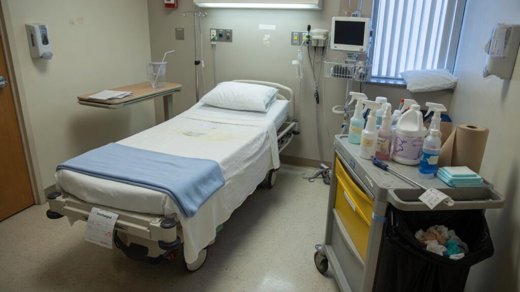 An empty inpatient room with an EVS cart after discharge