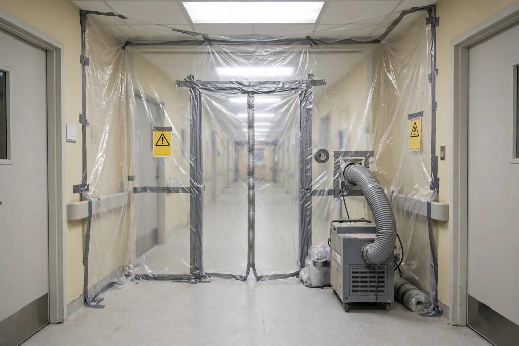 Sealed poly-sheeting containment barriers and a portable negative-air HEPA filtration machine in a hospital corridor prepared for asbestos abatement