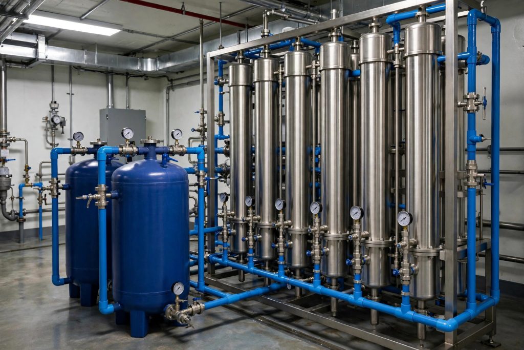 Hospital reverse-osmosis water treatment skid with stainless-steel membrane housings, blue piping, and pressure gauges in a clean mechanical room.