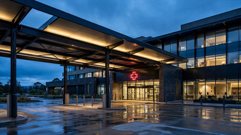 Hospital emergency department entrance bay glowing at dusk beneath a covered canopy