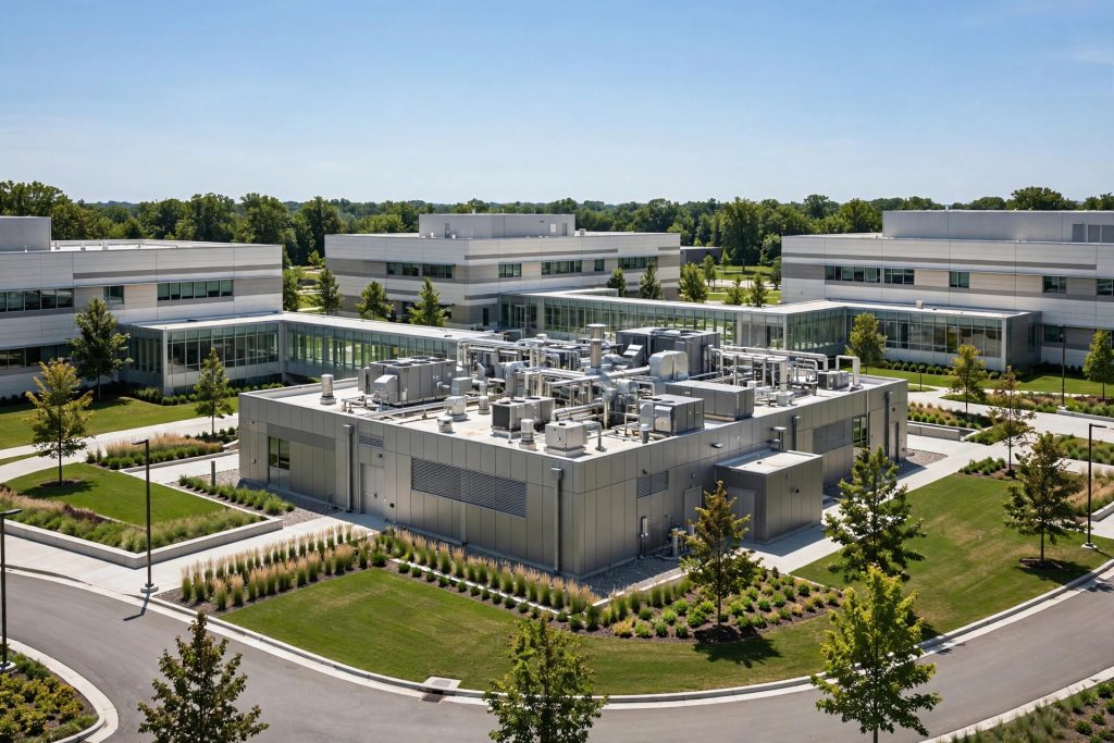 Modern hospital campus with a central utility plant and rooftop mechanical equipment connecting clinical buildings
