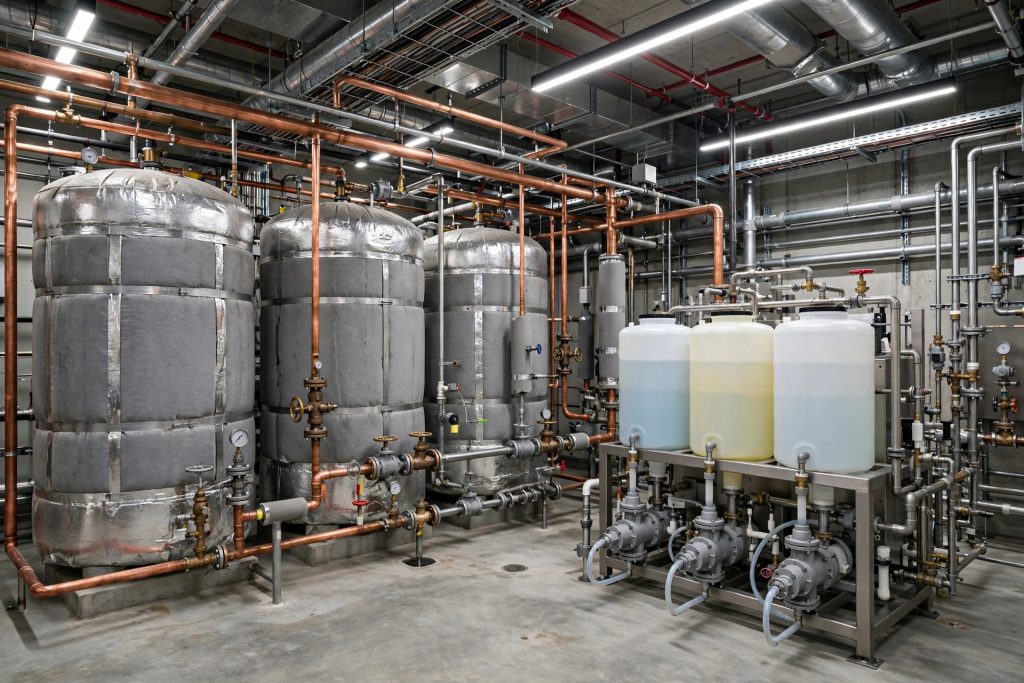 Hospital mechanical room with insulated hot-water storage tanks, copper piping, and a water treatment dosing skid