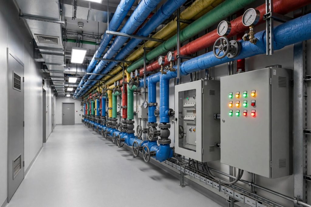 Hospital mechanical corridor with color-coded insulated piping, pressure gauges, valve wheels, and control panels with indicator lights