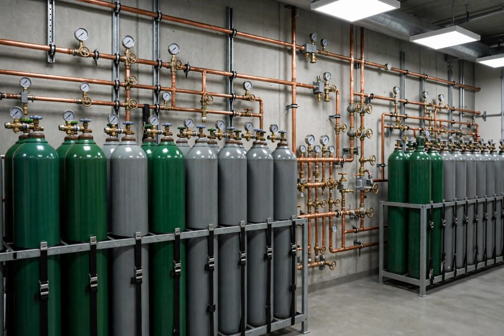 Hospital medical gas manifold room with rows of secured gas cylinders, copper piping, pressure gauges, and valve manifolds