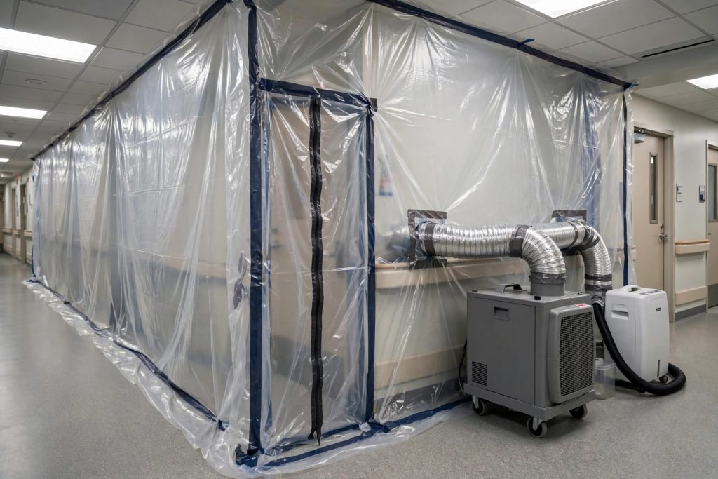Hospital corridor sealed behind translucent mold remediation containment barriers with a negative air machine and ducting maintaining pressure control.