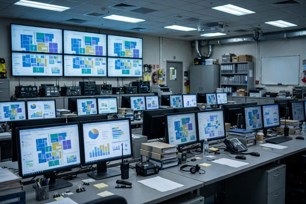 Hospital emergency operations command center with rows of monitors showing facility maps and incident dashboards