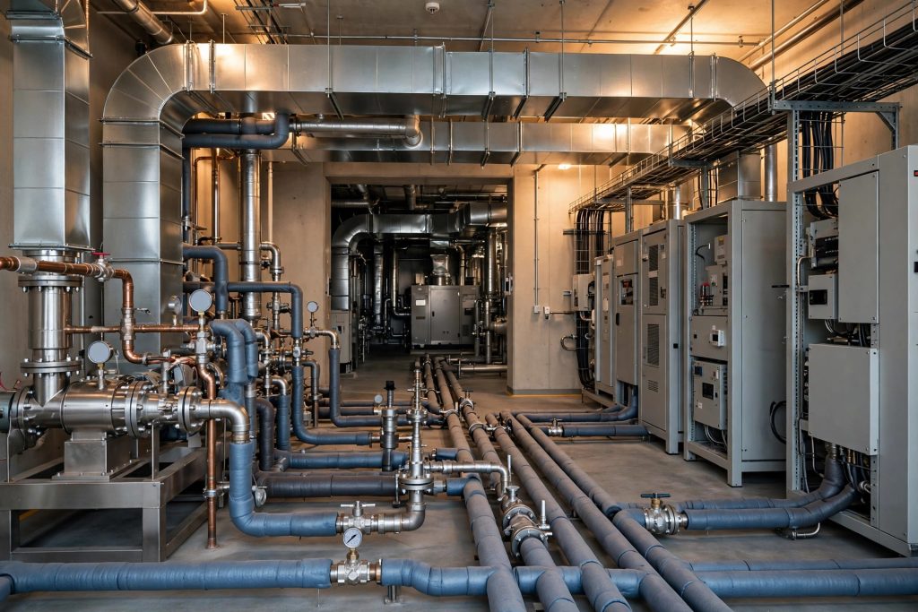 Modern hospital mechanical room with organized HVAC ductwork, insulated piping, and labeled equipment racks