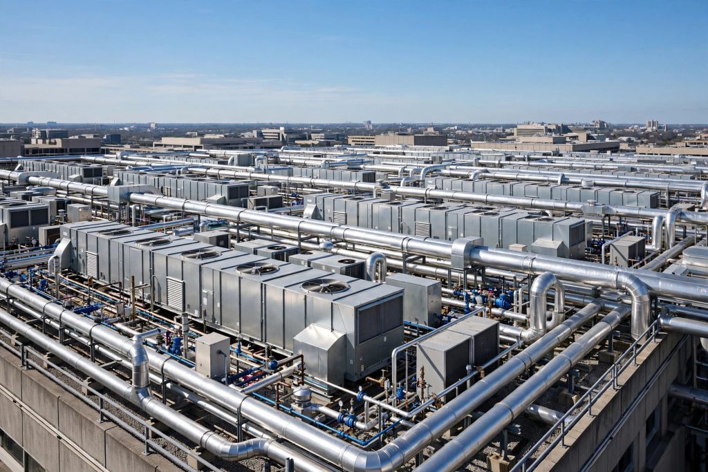 Hospital rooftop mechanical equipment yard with rows of air handling units, ductwork and piping