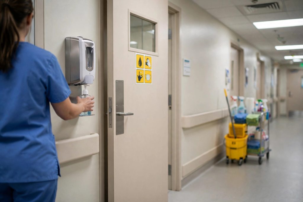 Healthcare worker using a hand sanitizer dispenser outside a patient room door in a hospital corridor, with an environmental services cleaning cart nearby