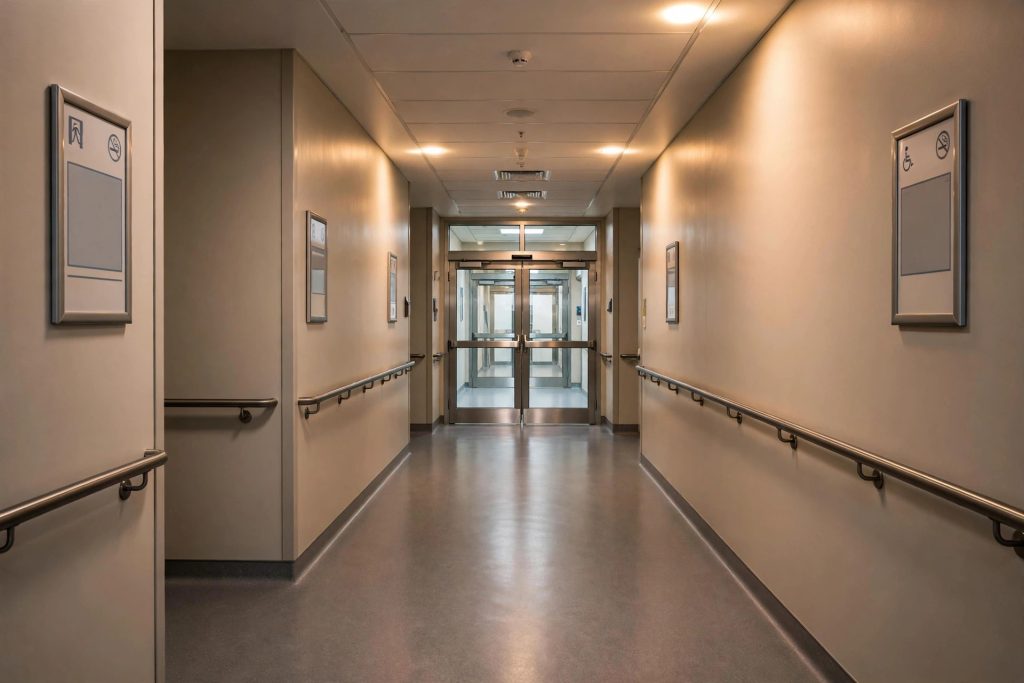 Hospital corridor with double doors and handrails, representing regulatory compliance readiness