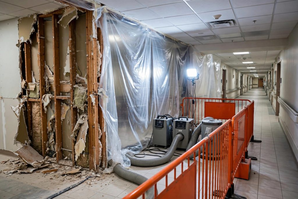 Hospital corridor remediation work zone with exposed wall studs, containment poly sheeting, air scrubbers and safety barriers