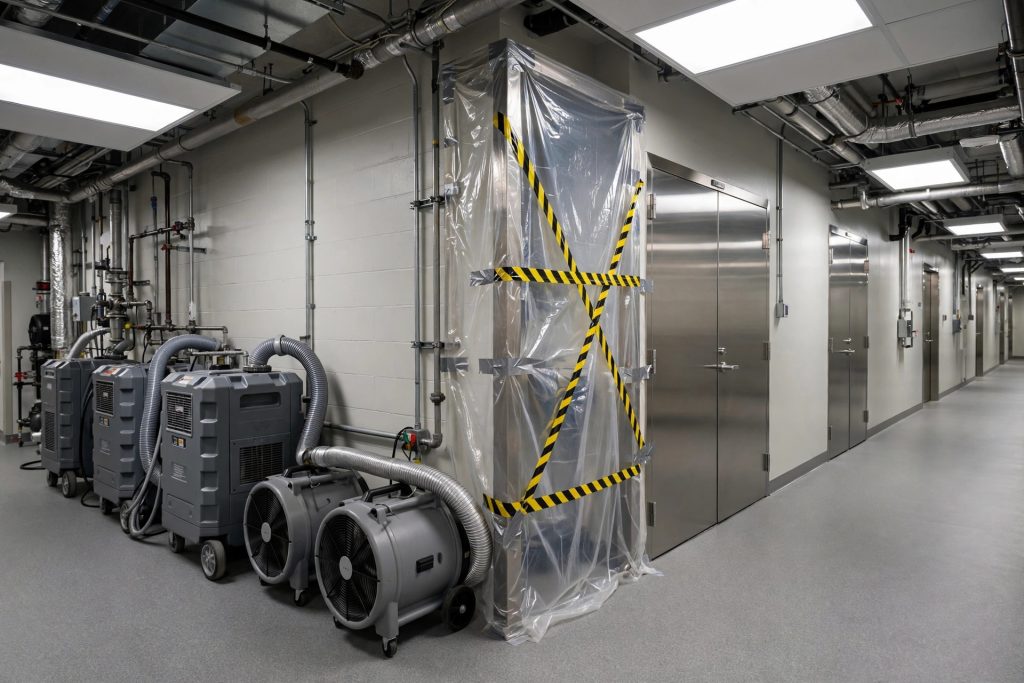 Hospital utility corridor with dehumidifiers, air movers, and plastic containment sheeting around a work zone during water damage remediation