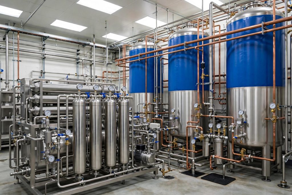 Hospital mechanical room with stainless steel reverse-osmosis water treatment skids, storage tanks, and copper piping