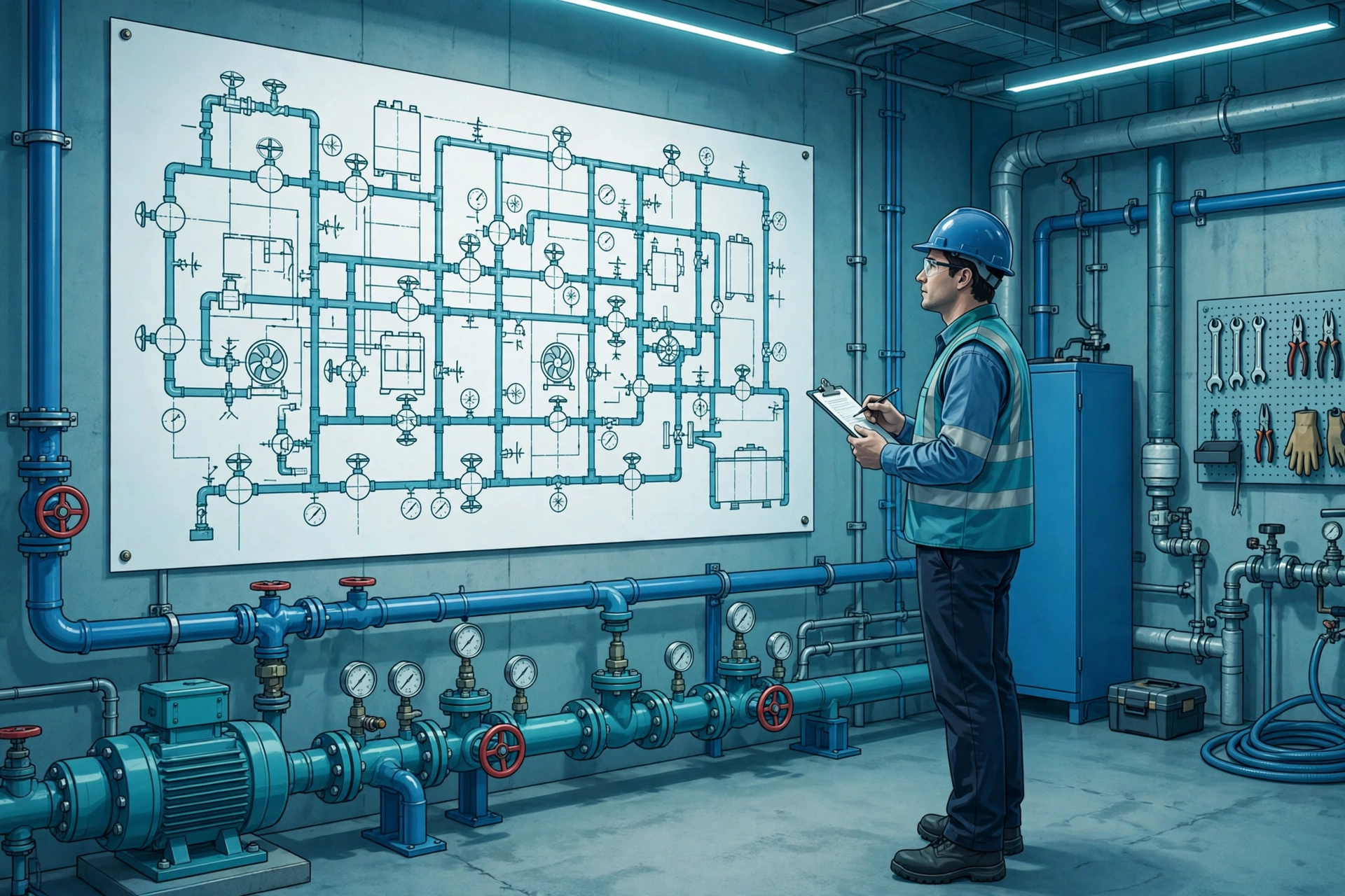 Facilities engineer reviewing a hospital building water system diagram