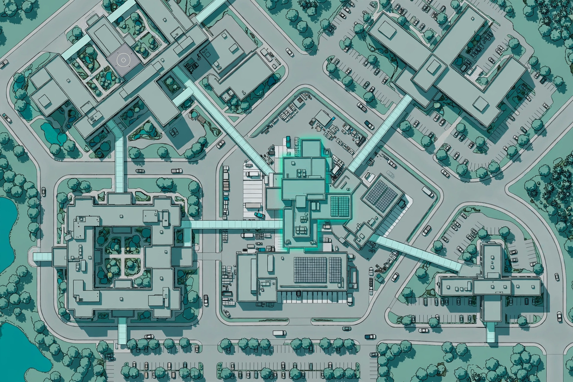 Aerial view of a large healthcare campus with a central facilities operations hub