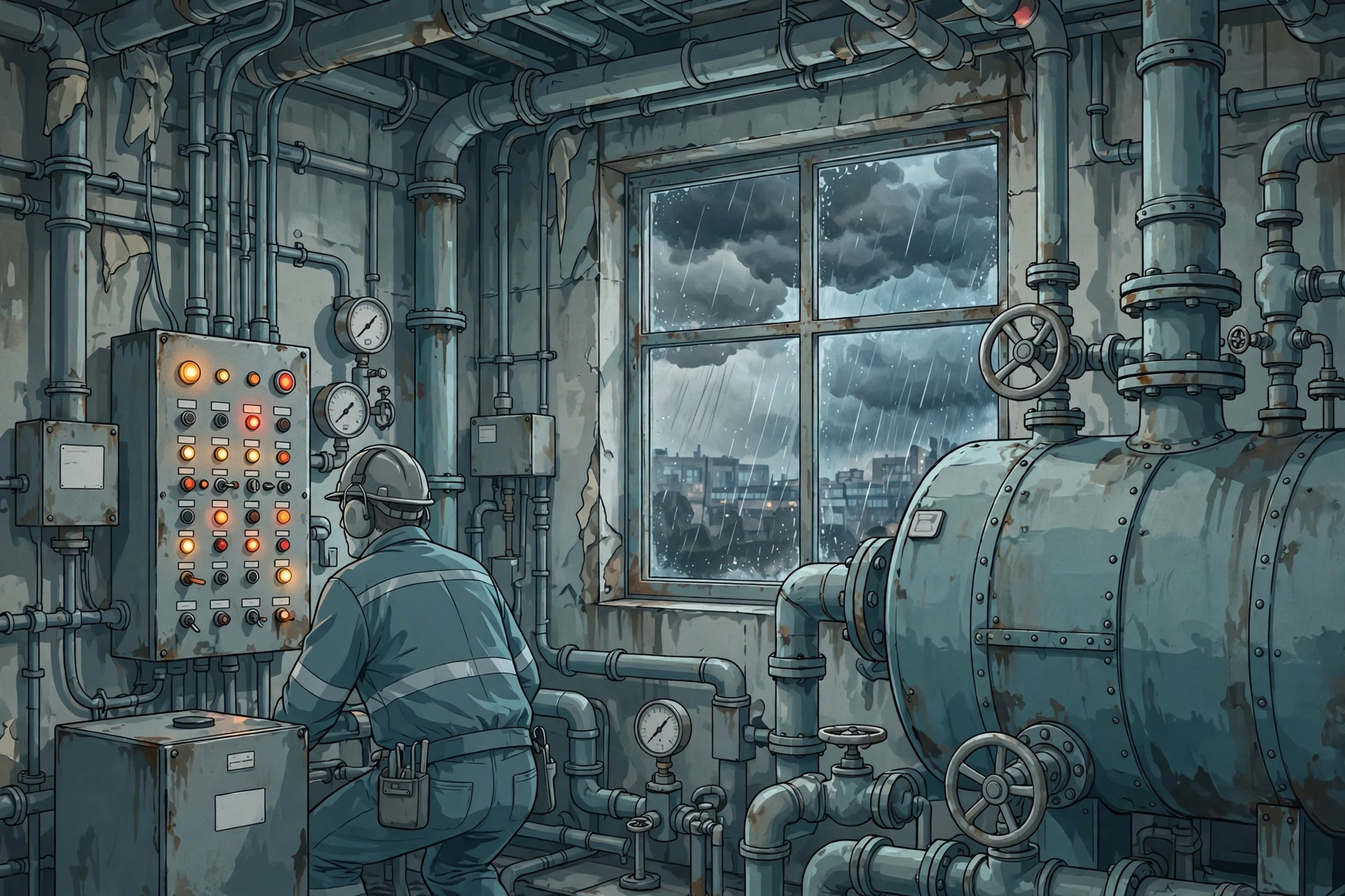 Aging hospital mechanical room illustrating operational challenges