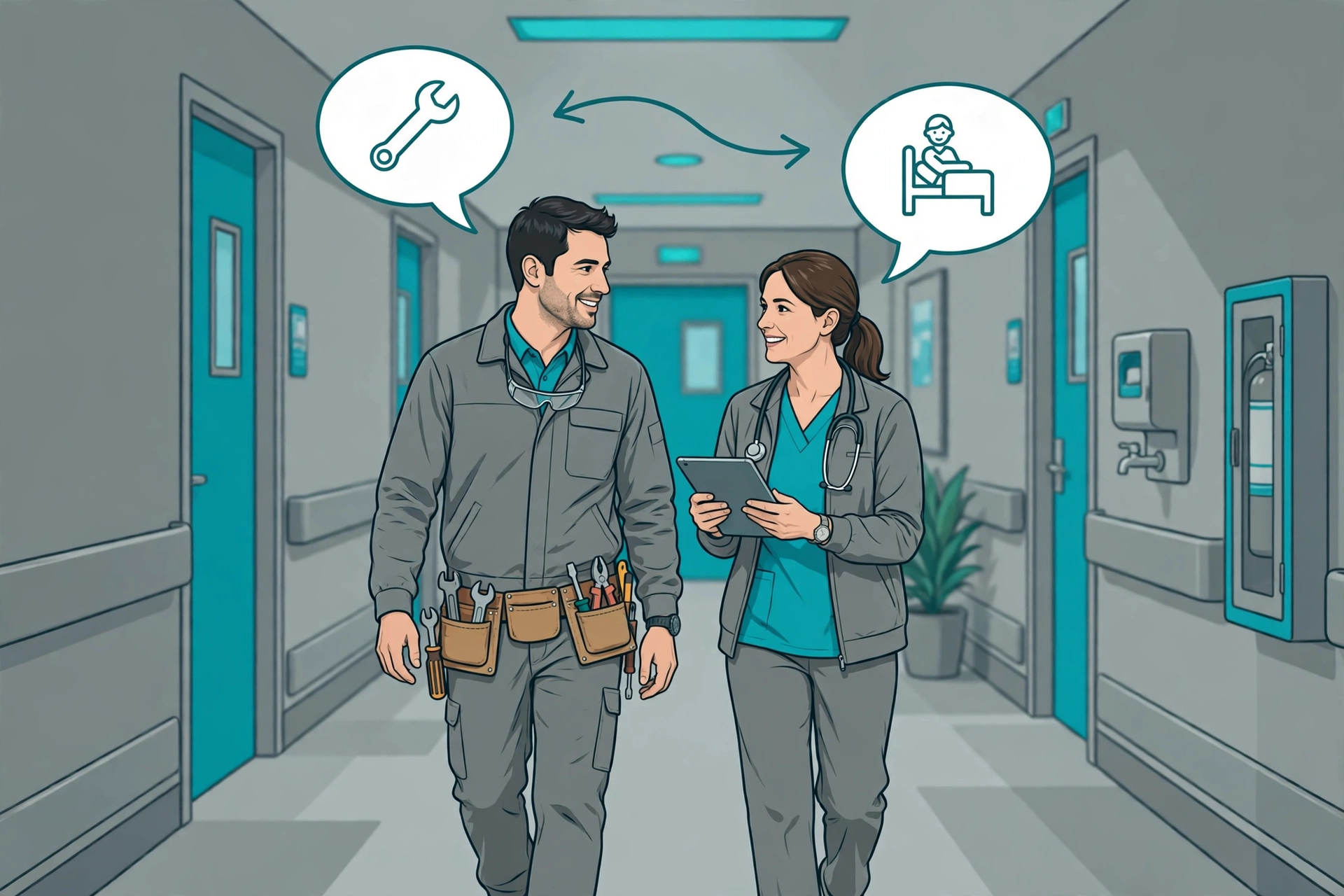 Nurse and facilities technician on joint environment-of-care rounds