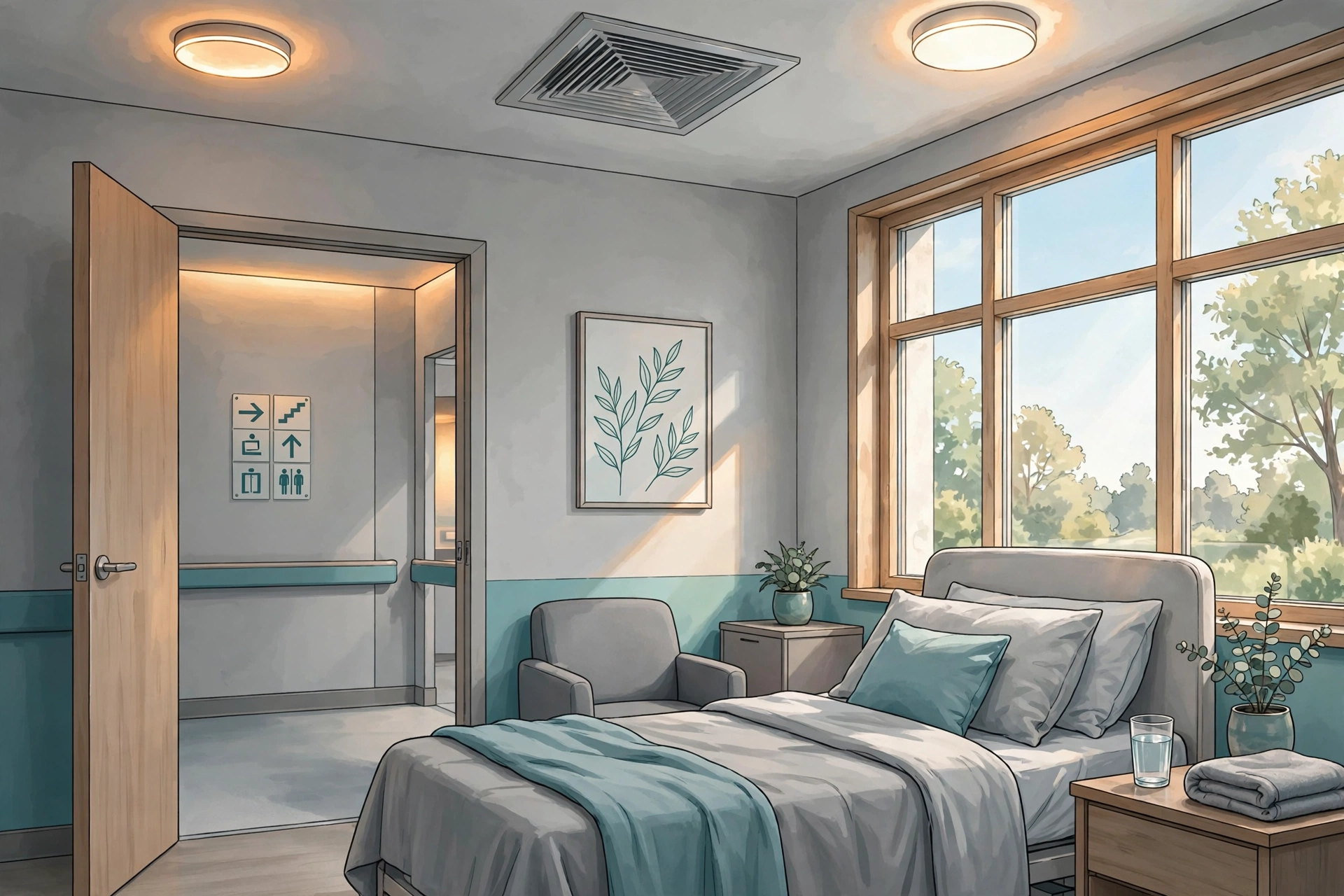 Healing hospital patient room: quiet HVAC, circadian lighting, and clear wayfinding