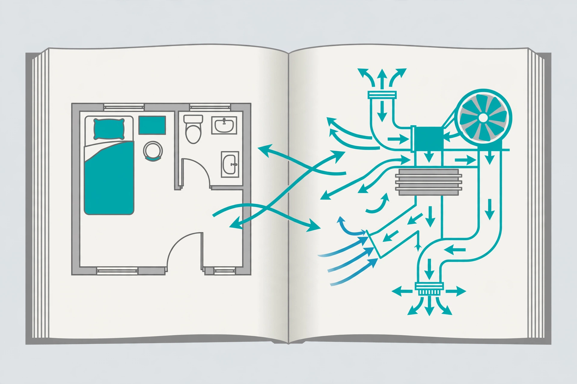 Two companion books connecting a hospital room floor plan with ventilation airflow diagrams