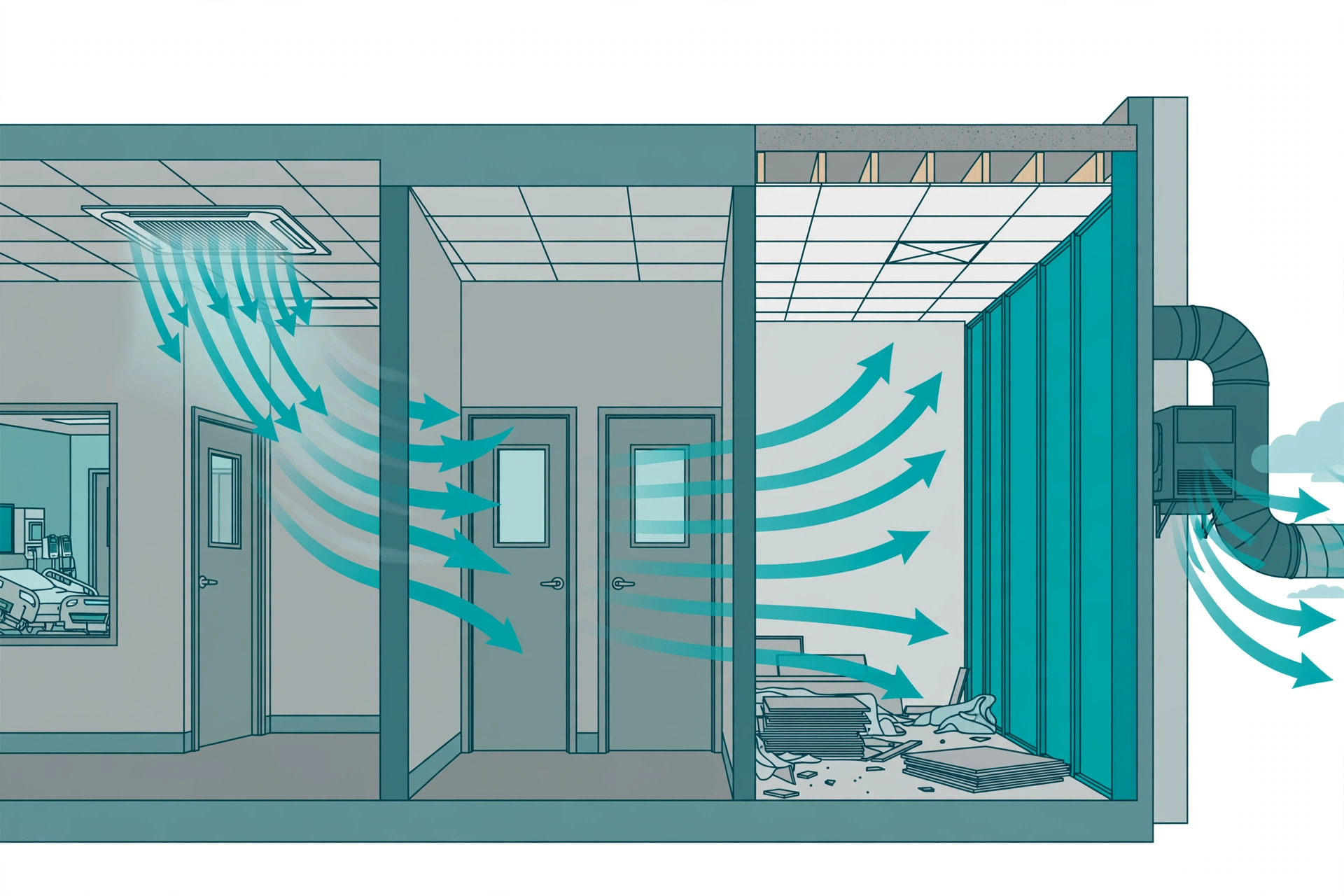 Cross-section of a Class IV ICRA barrier with anteroom, HEPA exhaust, and pressure cascade