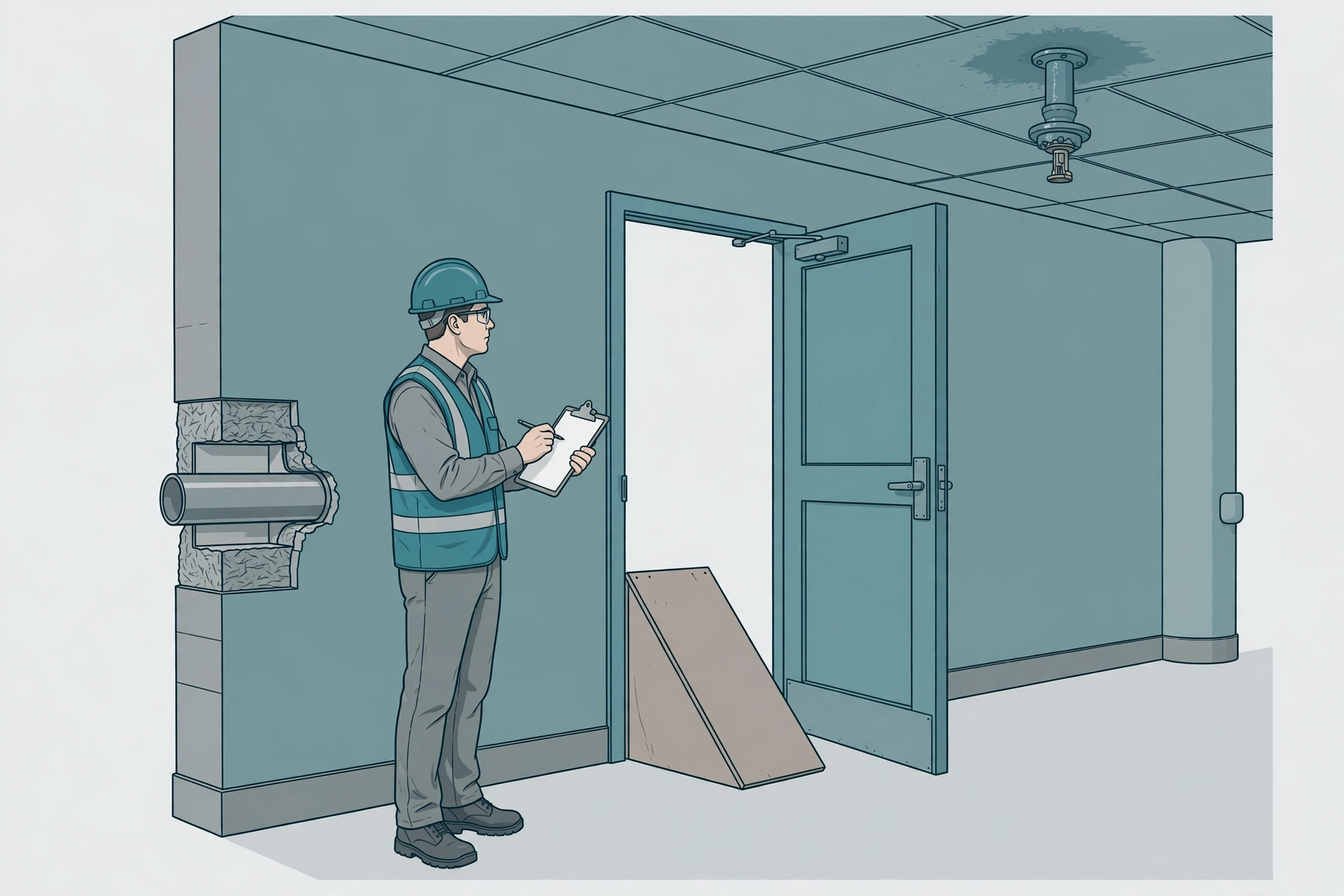 Surveyor inspecting an unsealed wall penetration, a propped-open fire door, and a painted sprinkler head