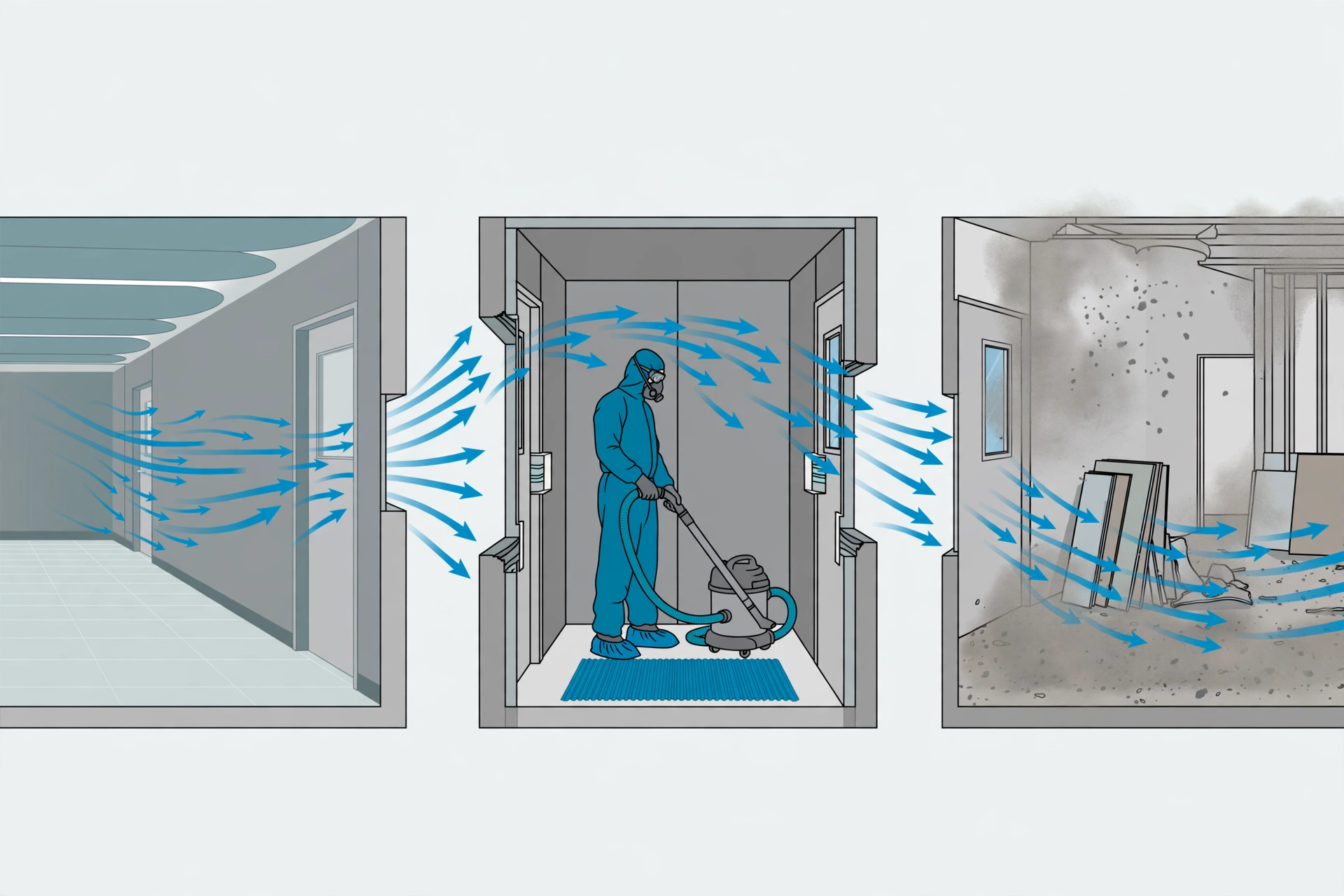 Cutaway diagram of a construction anteroom airlock with pressure cascade between corridor and work zone