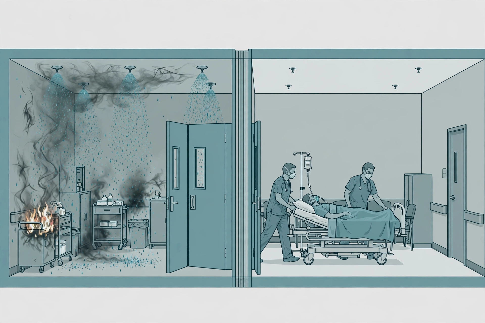 Hospital floor divided into smoke compartments with staff moving a patient bed horizontally past fire doors