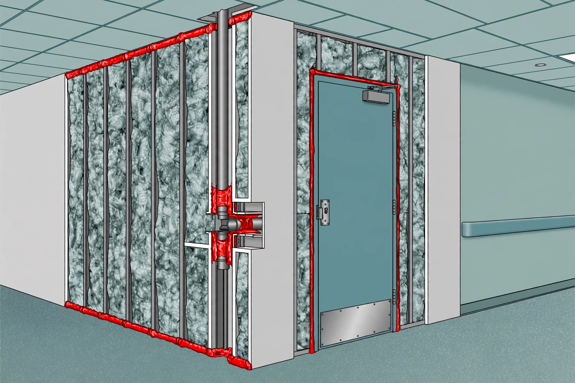 Cutaway of a fire-rated temporary construction barrier with firestop penetration and rated door