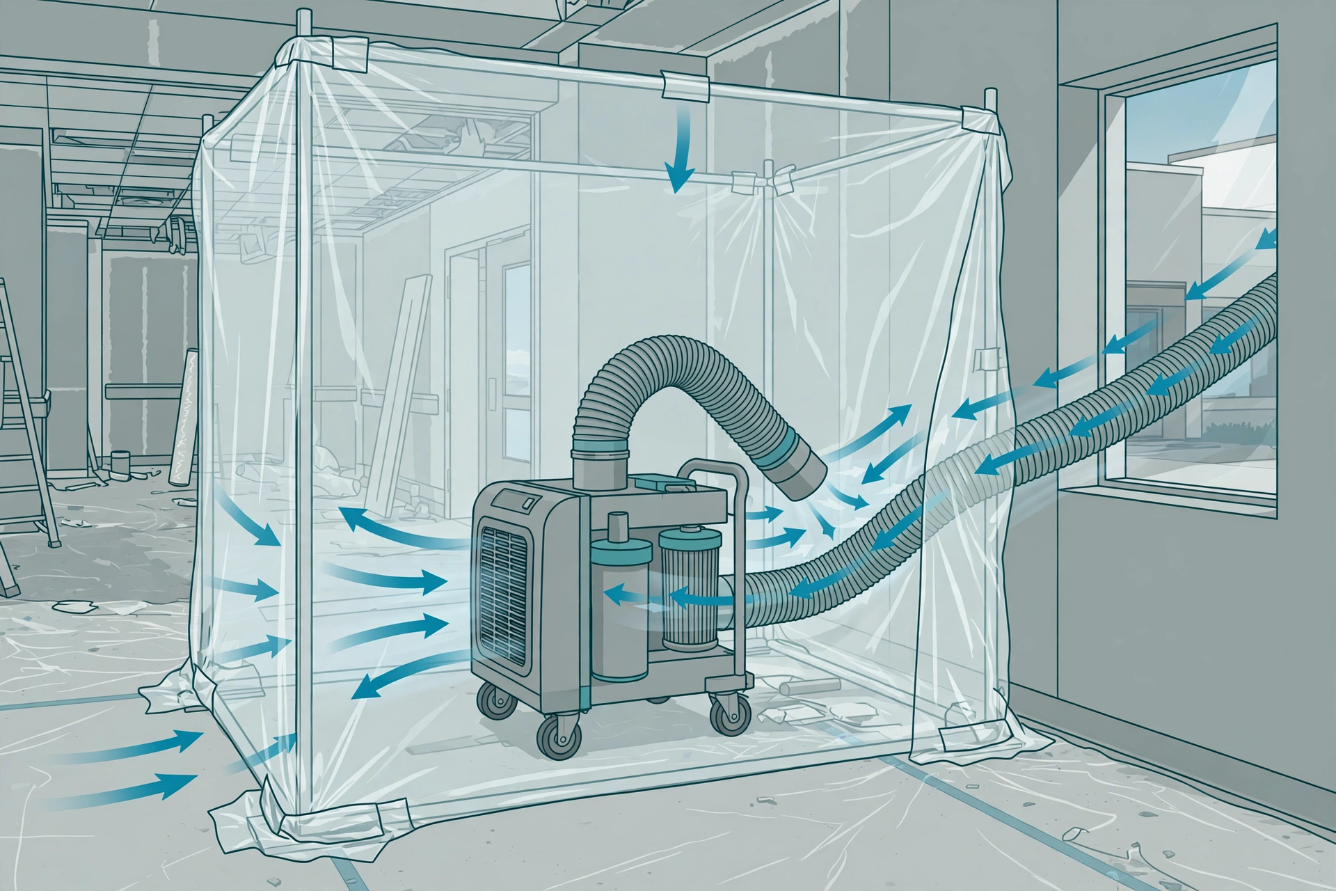HEPA-filtered negative air machine inside a hospital construction containment zone with exhaust ducting and inward airflow