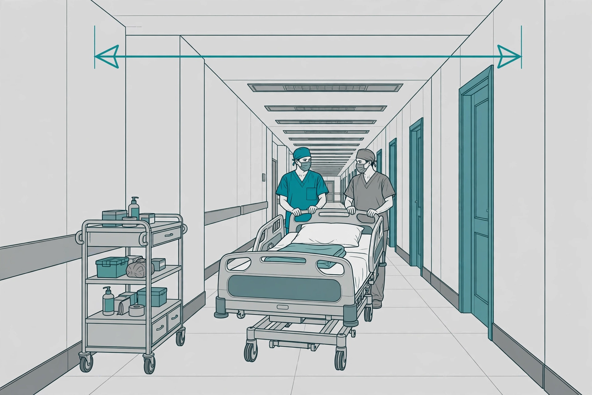 Wide hospital corridor with a patient bed being moved through, dimension arrows showing clear width