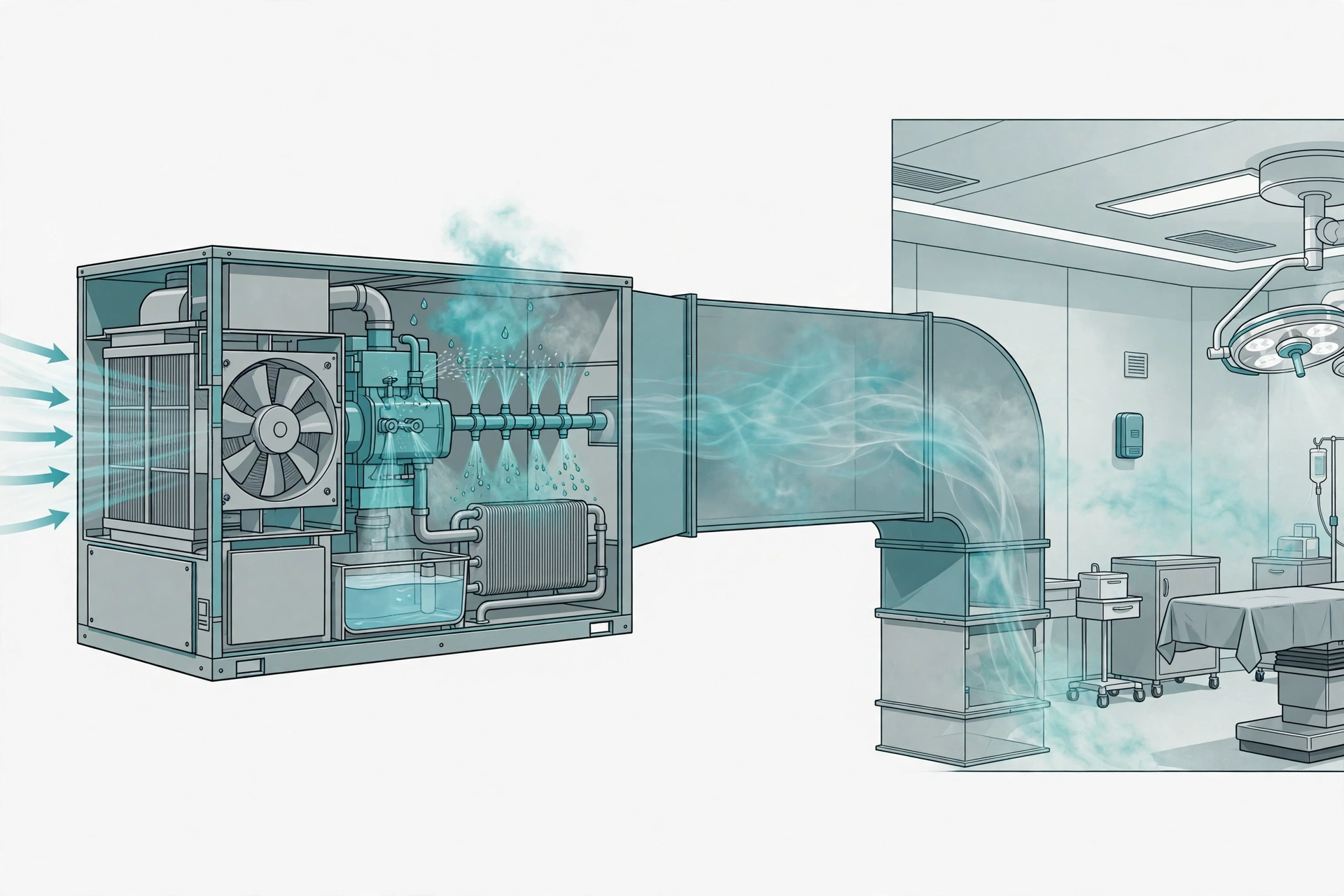 Hospital air handling unit with humidifier section and wall-mounted humidity sensor in an operating room
